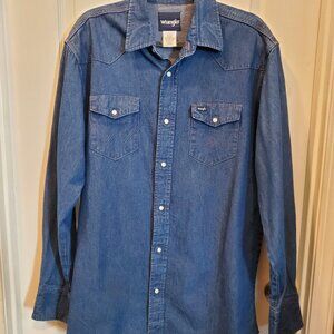 Classic Vintage Wrangler Pearl Snap Button-up- XLT Great Cowboy Denim shirt